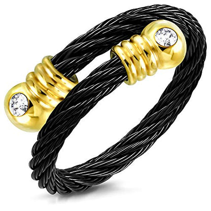 555Jewelry Stainless Steel Twisted Cable CZ Adjustable Open Ring for Women & Ladies - color: Black & Gold