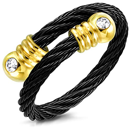 555Jewelry Stainless Steel Twisted Cable CZ Adjustable Open Ring for Women & Ladies - color: Black & Gold