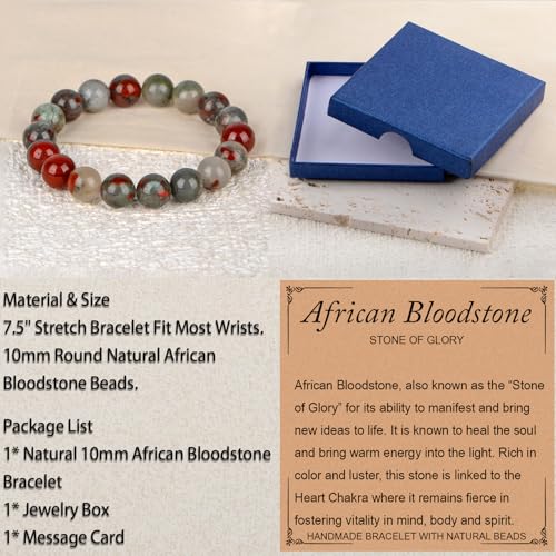 LPBeads Handmade Natural Gemstone Stretch Elastic Bracelet Healing Crystal Round Stone Beads Jewelry Gifts for Women Men - color: African Bloodstone, size: 10mm