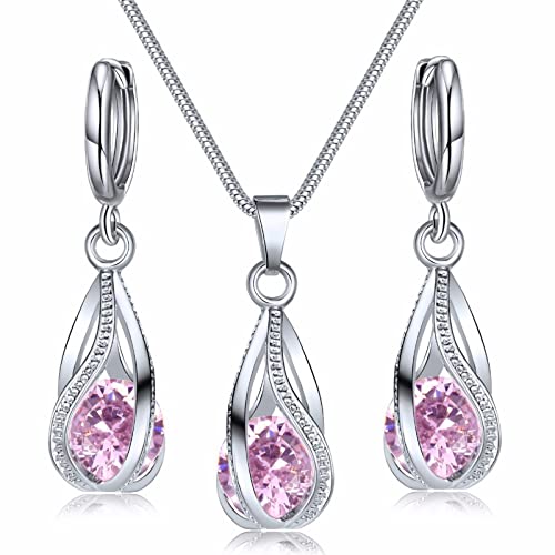 IFKM Silver Jewelry Sets for Women Rhinestone Crystal CZ Bridal Bridesmaid Accessories Necklace Earrings set for Wedding Prom Anniversary Birthday Gifts - color: Pink