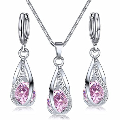 IFKM Silver Jewelry Sets for Women Rhinestone Crystal CZ Bridal Bridesmaid Accessories Necklace Earrings set for Wedding Prom Anniversary Birthday Gifts - color: Pink