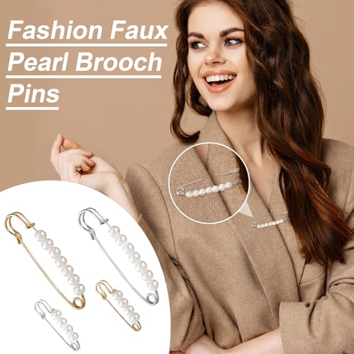 HINZIC 12Pcs Pearl Brooch Safety Pins 2.7inch 1.45 inch Gold Silver Faux Clothing Charms Fashion Pants Clips to Tighten Waist Large Sweater Shawl Pins for Women Socks Dress Decorative Accessories