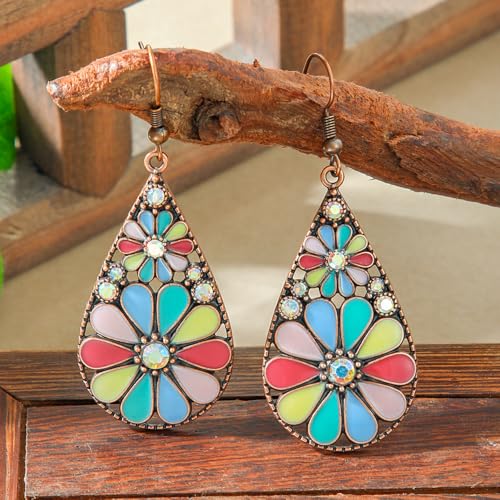 Colorful Green Teardrop Earrings for Women - Bohemian Style Enamel Dangle Earrings Lightweight Fashion Jewelry for Daily/Wedding/Party - color: Rose Red