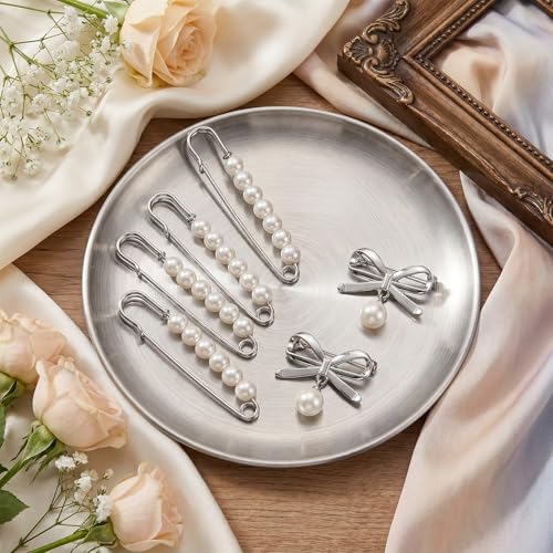 Pearl Safety Pins Silver Faux Pearl Brooch Pins Decorative Safety Pin 3 Inch Bowknot Brooch Pin Waist Tightening Clips for Clothes Pants Dresses Sweaters Hats Scarves Wedding