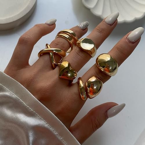 17 MILE Chunky Gold Stackable Rings for Women Non Tarnish, 18K Gold-Plated Statement Open Stacking Rings, Knuckle Band Ring Set - color: Gold 6 Pcs Rings