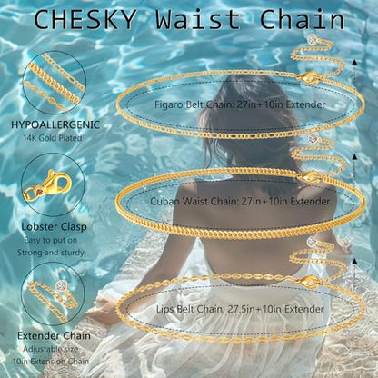 CHESKY 14K Gold Plated Silver Plated Waist Chain for Women, Layered Belly Belt Chains Beach Waist Beads Chain Waterproof Snake Cuban Body Chain Summer Jewelry Accessories for Women - style: 3layer-gd