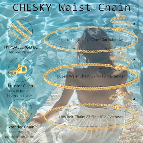 CHESKY 14K Gold Plated Waist Chain for Women, Layered Waist Beads | Silver Plated Gold Body Chains, Beach Summer, Waterproof Snake Belly Belt Chain, Festival Jewelry Accessories for Women - style: 3layer-gd