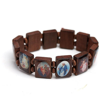 DATOA 4Pcs Wooden Jesus Virgin Mary Bracelet Saints Rosary Stretch Wooden Small Panel Bracelet Religious Saints Jesus Gift - style: Style C