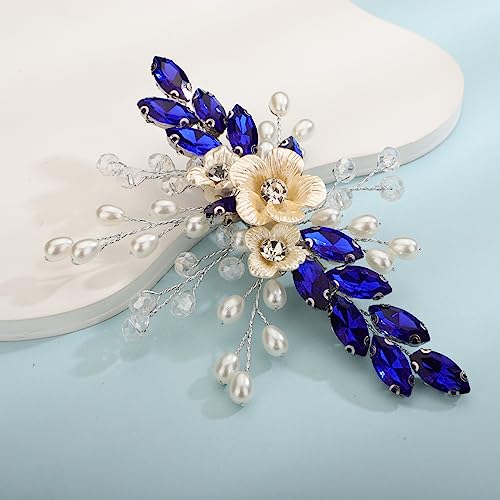 Xerling Royal Blue Rhinestones Crystal Flower Hair Barrettes Clip Boho Bridal Pearl Hair Jewelry Accessories for Women Wedding Floral Headpieces (Blue) - color: Blue