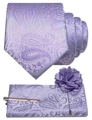 JEMYGINS Mens Paisley Tie and Lapel Pin Necktie Pocket Square and Tie Clip with Sets for Business Casual 4PCS - color: Lavender