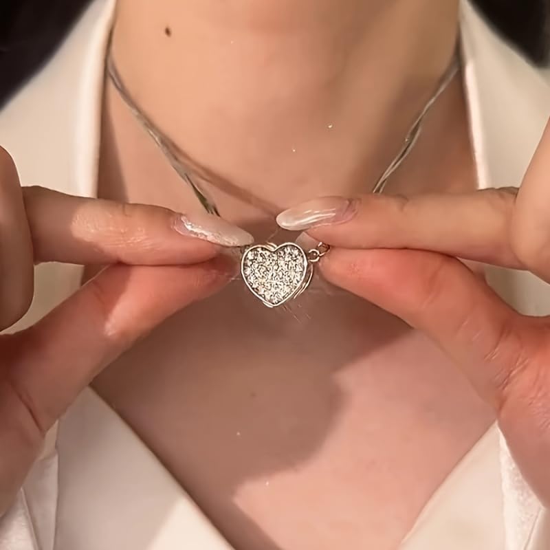 1 Pc, Silver Tone Layered Necklace, CZ Crystal Heart Pendant & Snake Chain, Dainty Shiny Style Jewelry (Silver)