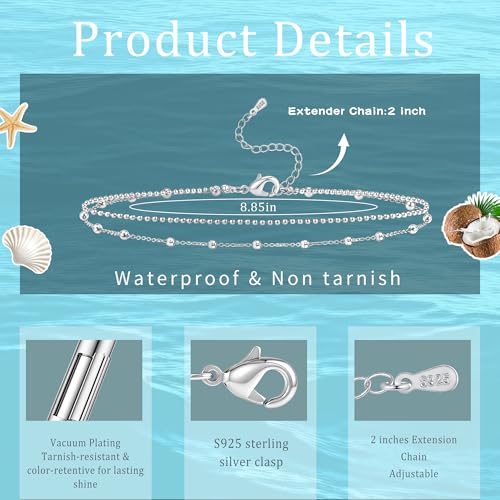 Sterling Silver Ankle Bracelets for Women Gold Waterproof Layered Stackable Dainty Cute Bead Chain Non Tarnish Adjustable Anklet Bracelet for Summer Beach Jewelry Gift - color: gold-A
