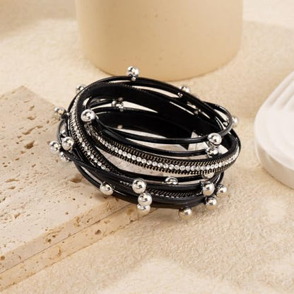 Wrapped Bracelets for Women,Leather Boho Bracelets for Women - color: Doubleloop-Black