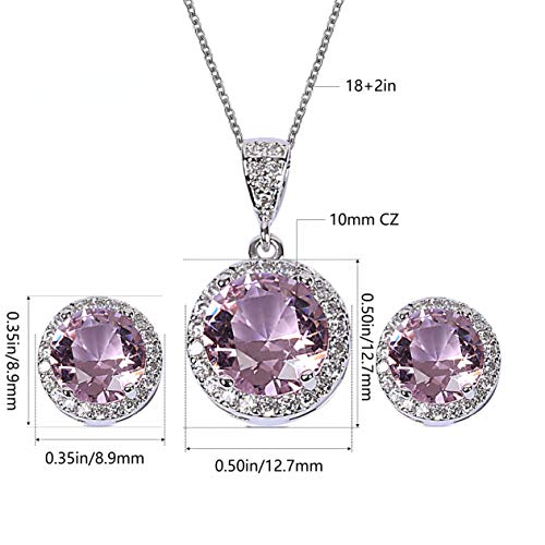 AMYJANE Halo Crystal Jewelry Set - Sterling Silver Round Cubic Zirconia Crystal Bridal Pendant Necklace Earrings Set for Wedding Bride Bridesmaids - color: Pink