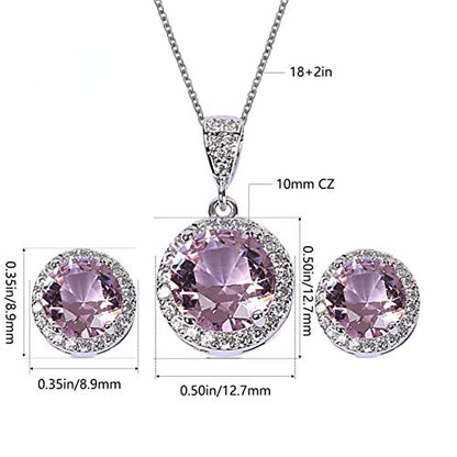 AMYJANE Halo Crystal Jewelry Set - Sterling Silver Round Cubic Zirconia Crystal Bridal Pendant Necklace Earrings Set for Wedding Bride Bridesmaids - color: Pink
