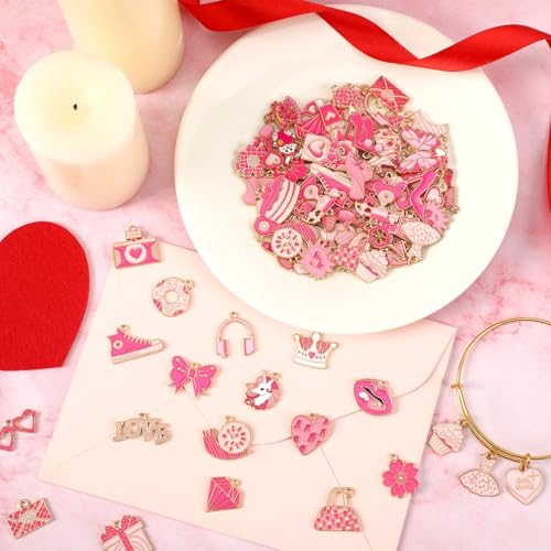 SANNIX 110Pcs/55 Pairs Pink Charms, Valentine Charms for Jewelry Making | Valentine Pendants for Bracelets, Necklaces Earrings Craft Making, Party Supplies Gift - style: Pink Charms