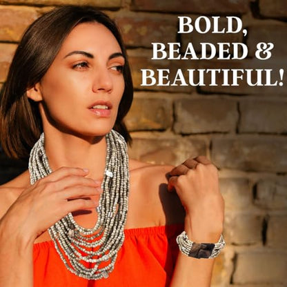Shop LC Seed Bead Necklace Bracelet Set Boho Jewelry for Women | Multi Layered Boho, Wooden Clasp, 18 Inch Necklace, Stretchable Bracelet - color: Beige