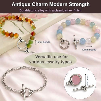 Heather's cf Toggle Jewelry Clasps – Durable Quality, Antique Swirling Silver Finish Toggle Clasps & Closures for Necklace, Bracelet & Charms – Ideal for DIY, & Jewelry Making – Medium (Set of 24) - color: Medium silver toggle clasp