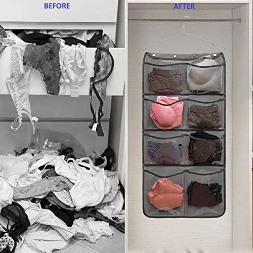 Dual Sided Hanging Closet Organizer Durable Socks Stocking Clothes Bra Accessories Storage Bag With 16 Large Pockets (Clear PVC Pockets)