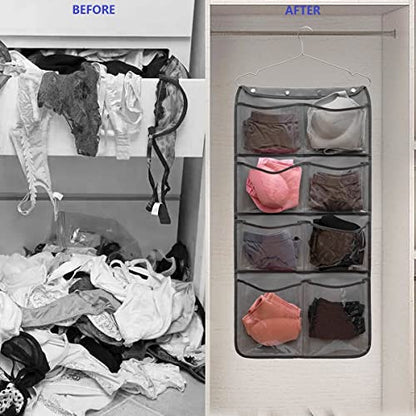 Dual Sided Hanging Closet Organizer Durable Socks Stocking Clothes Bra Accessories Storage Bag With 16 Large Pockets (Clear PVC Pockets)