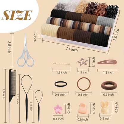 IKOCO 822PCS Hair Accessories for Girls, Elastic Hair Ties with Neutral Color Clips and Tools - color: Brown