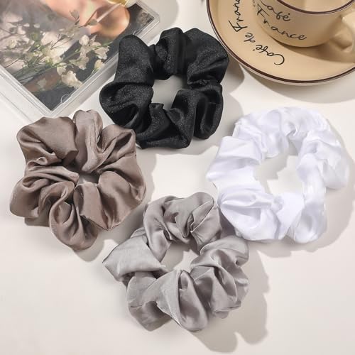 Hair Scrunchies for Women - Hair Ties No Damage Both for Thick Hair or Thin Hair Curl Hair No Crease Scrunchies Ponytail Holder No Hurt Your Hair - color: Black White Gray Dark Gray