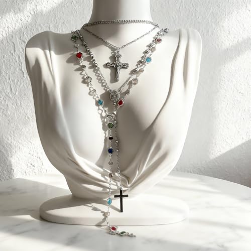 Silvery Layered Necklace for Women, Y Necklace with Cross Pendant, Dainty Stackable Jewelry Gift for Everyday Wear - style: 4PCS - Stainless Steel - Cuban Chain&Cross&Cross Y Chain&Colorful Chain