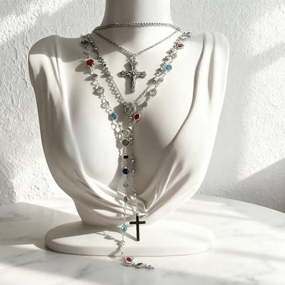Silvery Layered Necklace for Women, Y Necklace with Cross Pendant, Dainty Stackable Jewelry Gift for Everyday Wear - style: 4PCS - Stainless Steel - Cuban Chain&Cross&Cross Y Chain&Colorful Chain