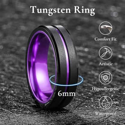 King Will Mens Tungsten Rings for Men Two Tone Grooved Mens Wedding Band Cool - color: Purple 6mm