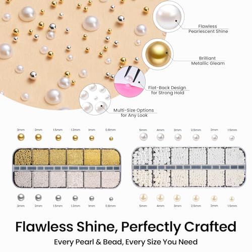Beetles 3D Nail Charms Gold Silver Nail Beads and White Pearl with 15g | Rhinestone Glue Tweezers Pick-up Pencil for Nails Art Metallic Round Caviar Beads White Flatback Pearls Manicure Accessories - color: 3D Nail Charms-Pearls