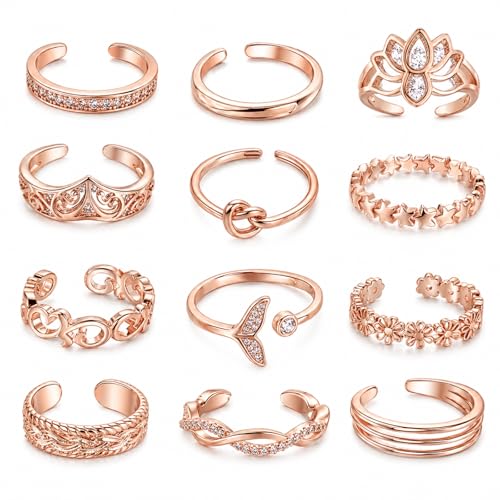 12PCS Toe Rings for Women 14K Gold/Silver Plated Adjustable Toe Ring Set Open Heart Arrow Infinity Rings Beach Foot Jewelry for Summer - color: Rose Gold3