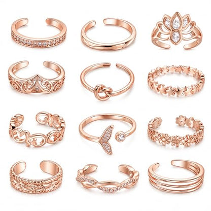 12PCS Toe Rings for Women 14K Gold/Silver Plated Adjustable Toe Ring Set Open Heart Arrow Infinity Rings Beach Foot Jewelry for Summer - color: Rose Gold3
