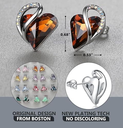Infinity Love Heart Stud Earrings for Women, Birthstone and Healing Stone, Gifts for Mom, Wife, and Her, Silver Plated - color: 11c-November-Healing Stone for Stress Relief-Dark Topaz Brown