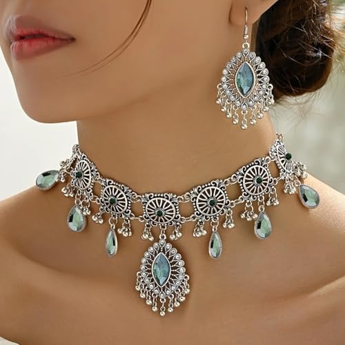Frodete Indian Jewelry Sets for Women Traditional Bohemian Wedding Jewelry Set Indian Dresses for Women Oxidized Ethnic Party Prom Wear - color: D2:SILVER GREEN