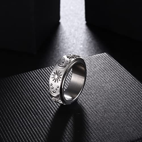 Magitaco Stainless Steel Spinner Rings Fidget Band Rings Moon Star Flower Butterfly Anxiety Rings for Women Men - color: Sun & Moon & Star