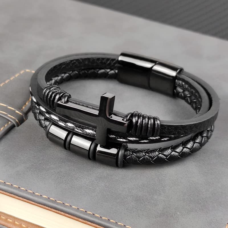 Multi-Layer Braided Leather Bracelets Mens Cross Leather Bracelet Wristband Religious Leather Bracelets Men Customized Gifts for Dad Husband Boyfriend Son - color: black, size: 8.07