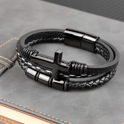 Multi-Layer Braided Leather Bracelets Mens Cross Leather Bracelet Wristband Religious Leather Bracelets Men Customized Gifts for Dad Husband Boyfriend Son - color: black, size: 8.66