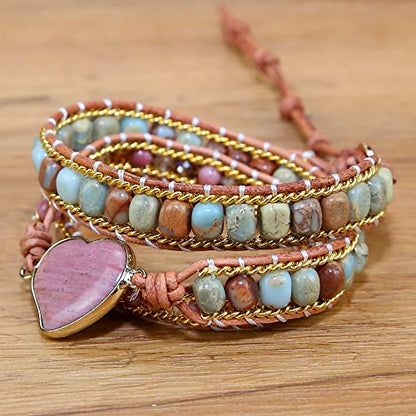 Women Wrap Bracelet Boho Natural Jasper Crystal Stone Beads Strand Bracelets - color: Style 13-Rhodochrosite
