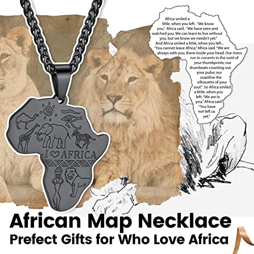 GOLDCHIC JEWELRY Africa Map Necklace for Men, Stainless Steel African Tribal/Egyptian Eye of Horus/I LOVE AFRICA/Elephant Map Hiphop Jewelry Unisex with 22'+2'Adjustable Chain - color: Animals - Black, style: Personalised Engraving