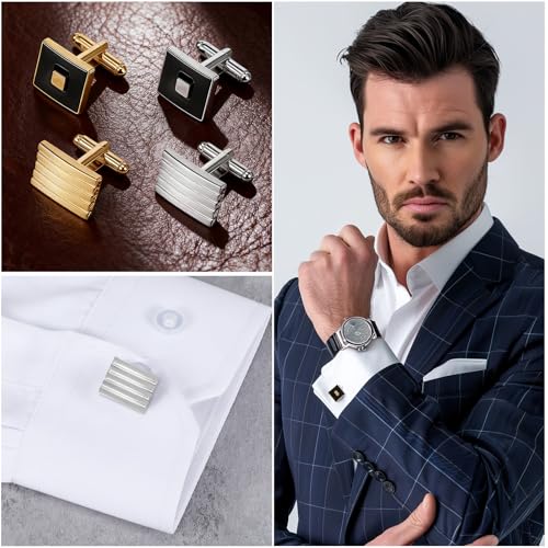 COMNICO 4 Pairs Cufflinks for Men Classic Tone Cuff Links Fashion Men Cufflinks Gold/Sliver Striped Disc Square Rectangle Cuff Links for Business Wedding Party Gift Box - color: square glod silver