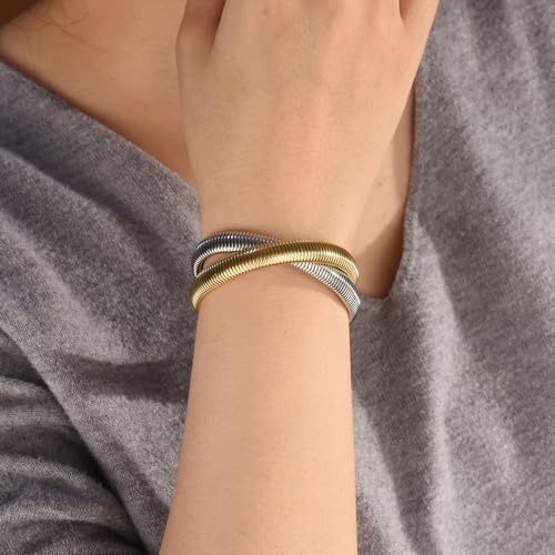 Bling Jewelry Omega Cobra Bangle Stretch Bracelet Rose Gold Silver Tone Stainless Steel - color: Two-Tone