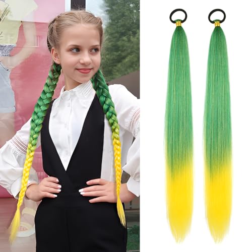 Braided Ponytail Extension 2 Pc Green Yellow Gradient Rave Hair Extensions | Long Braided Ponytail Extension With Hair Tie, Straight Wrap with Braid Ponytail Extension 26 Inch Synthetic Hair Pieces - color: Green Yellow gradient#（Green/Yellow）, size: 26 I