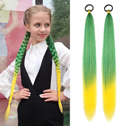 Braided Ponytail Extension 2 Pc Green Yellow Gradient Rave Hair Extensions | Long Braided Ponytail Extension With Hair Tie, Straight Wrap with Braid Ponytail Extension 26 Inch Synthetic Hair Pieces - color: Green Yellow gradient#（Green/Yellow）, size: 26 I