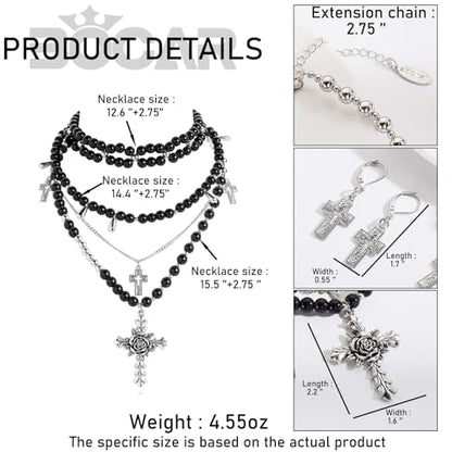 Bocar Gothic Cross Layered Pearl Necklace Chunky Statement Stacked Necklace Y2K Silver Layered Necklace for Women (NK-10769) - color: Black