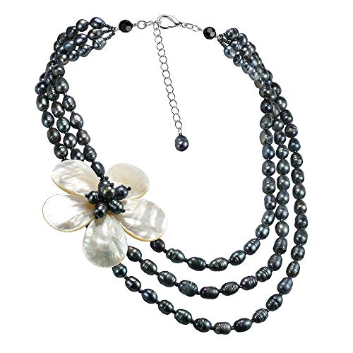 Glamorous Floral Mother of Pearl on Triple Strand of Cultured Freshwater Black Pearl Layered Necklace