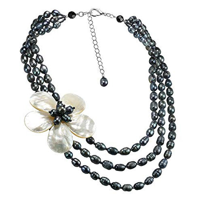 Glamorous Floral Mother of Pearl on Triple Strand of Cultured Freshwater Black Pearl Layered Necklace