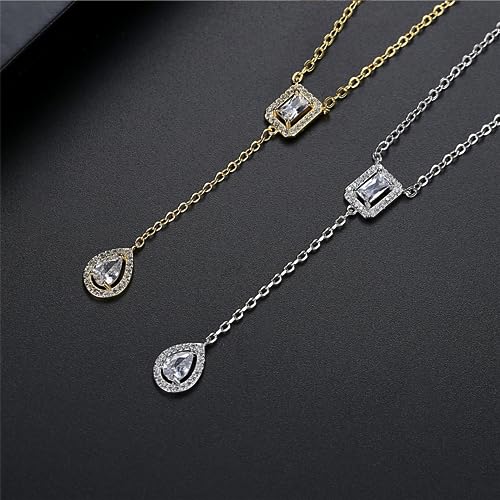 Gold Plated Geometric Style Sparkly Dainty Rectangle Teardrop Shaped AAAAA Australia Crystal with Cubic Zirconia Y Necklace Fashion Jewelry for Women & Teen Girls - color: Teardrop Y Necklace GD