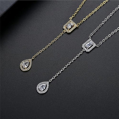Gold Plated Geometric Style Sparkly Dainty Rectangle Teardrop Shaped AAAAA Australia Crystal with Cubic Zirconia Y Necklace Fashion Jewelry for Women & Teen Girls - color: Teardrop Y Necklace WG