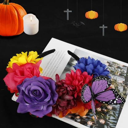 Flower Crown Day of the Dead Headpiece Mexican Flower Butterfly Halloween Headbands Flower Crown for Halloween Party - color: Multicolor-1