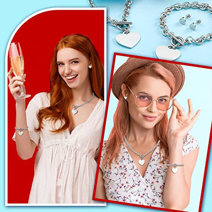 3 Pcs Heart Bow Snow Jewelry Set | Heart Necklace with Bracelet Earring, Snow Jewelry Set for Women, Bow Charms Toggle Gifts - color: Silver, style: Stainless Steel Heart